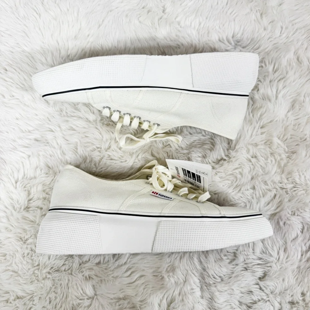 SUPERGA Canvas Platform Sneaker Size 8 Beige Cream Lace Up Clean Girl Scandi‎